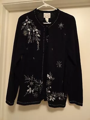 Buy Stitches In Time Black Holiday Sweater Women's Size L Beading & Embroidered • 18£