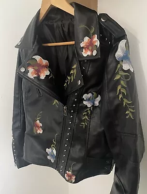 Buy Ladies New Leather Look Jacket Embroided Floral Medium • 19.99£