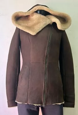 Buy Ladies B3 Flying Real Sheepskin Shearling Jacket  Brown Beige Fur Hooded  P-740 • 150£