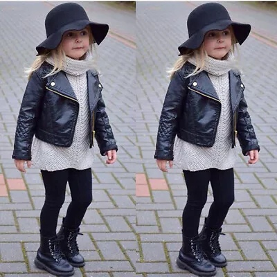 Buy Toddler Baby Girls Black Faux Leather Warm Biker Jacket Coat Windproof Outwear Q • 18.99£
