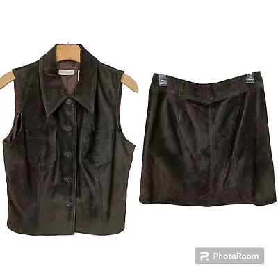Buy Vintage Ann Taylor Leather Vest Skirt Set Brown Pointy Collar Lined Pockets 2 PC • 118.40£