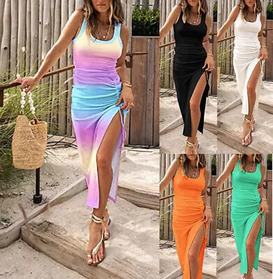 Buy Womens Summer Sleeveless Midi Dress Ladies Holiday Beach Ruched Split Sundress • 4.49£