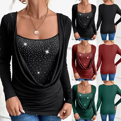 Buy Womens Double Layer Tunic Tops Ruched Long Sleeve Xmas Party T Shirt Blouse Size • 15.39£