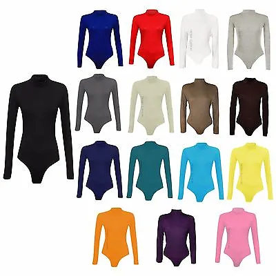 Buy Womens Polo Neck Ladies Long Sleeve Stretch Leotard Bodysuit T-Shirt Top • 3.75£
