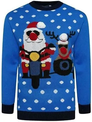 Buy Men's Unisex Santa Rudolph Rides Motorbike Christmas Jumper Xmas Sweater Bule Bl • 16.99£