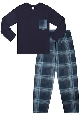 Buy Boys Navy Check Long Pocket Pyjama Set • 12.99£