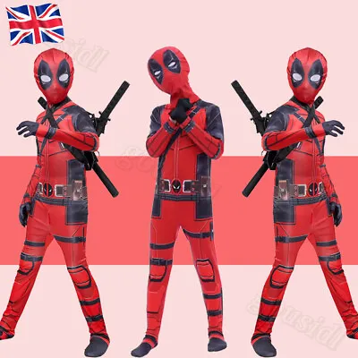 Buy Kids Deadpool Costume Mask Bodysuit Boy Superhero Cosplay Party Fancy Dress Suit • 19.99£