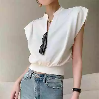Buy Chic V-neck Tees Loose Sleeveless T-shirts Elegant Female Solid Tops • 34.69£