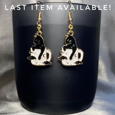Buy Handmade Gold Black Cat Kitten Moon Earrings Gothic Gift Jewellery • 4.50£