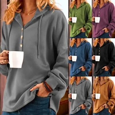 Buy Women Sweatshirt Hooded Hoodies Ladies Winter Long Sleeve Fleece V Neck Tops • 13.89£