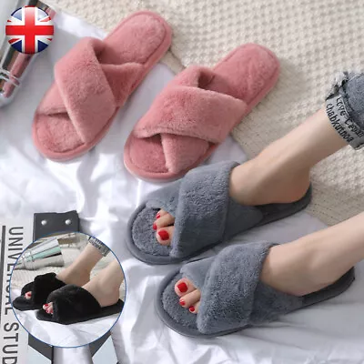 Buy Womens Cross Band Slippers Soft Plush Furry Cozy Open Toe House Shoes Comfy Slip • 2.99£