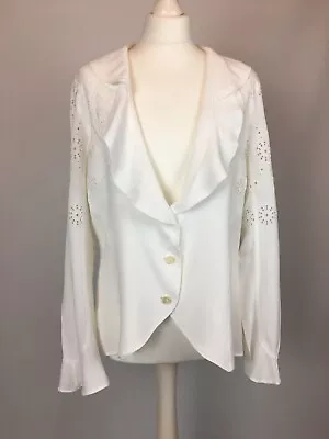 Buy Ghost Crepe Jacket Medium Ivory White Embroidered Cutwork Vintage Fluted Sleeves • 34.99£