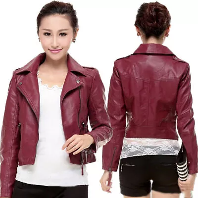 Buy Womans Ladies Faux Leather Hooded Jacket Biker Jackets Coat Slim Outwear Tops UK • 18.35£