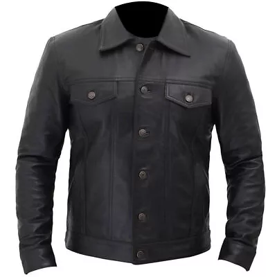 Buy Mens TRUCKER Real Leather Western Jacket Classic Denim Cowboy Style Shirt Jacket • 29.99£