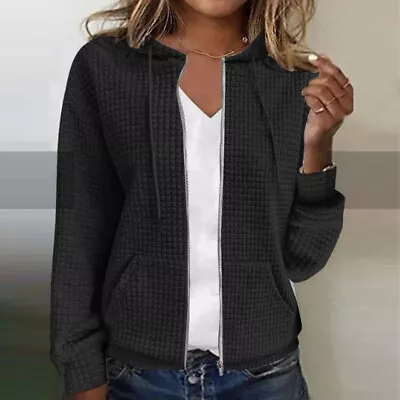 Buy Women Waffle Hooded Coat Tops Full Zipper Blouse Shirt Hoodie Sweatshirt Size 14 • 15.39£