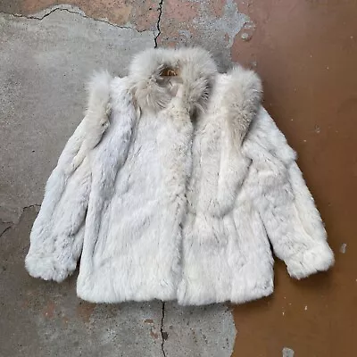 Buy Vintage 90's White Rabbit Fur Jacket Women Size Medium Genuine Satin Lined Korea • 72.39£