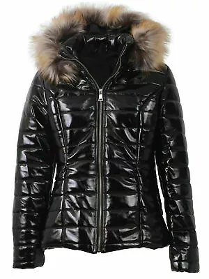 Buy Women's Quilted Puffer Wet Look Black Shiny Padded Jacket Fur Hooded Thick Coat • 25.99£