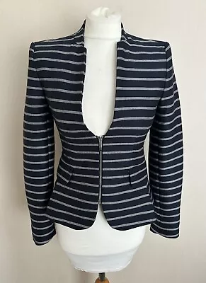 Buy FAB Zara Navy Blue White Stripe Fitted Zip Front Smart Jacket Size XS UK 6 8 VGC • 16.99£