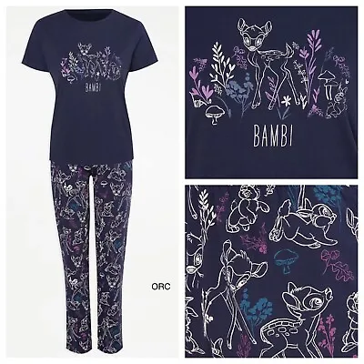 Buy Ladies Disney Bambi Navy Short Sleeve Soft Cotton Pyjamas Gift Set Size 8-22 • 16.99£