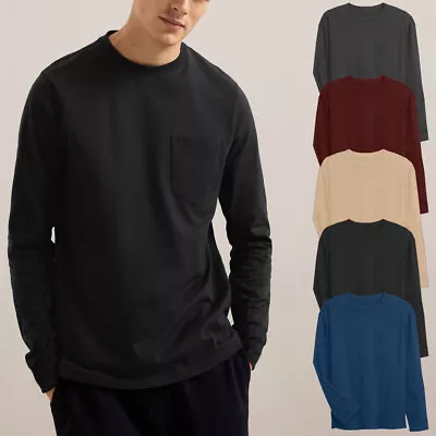 Buy Mens Long Sleeve T-Shirt Round Neck 100% Cotton Plain Crew Casual Tee Tops S-3XL • 6.99£