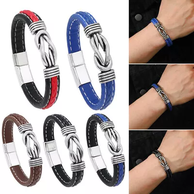 Buy Mens Leather Braided Silver Bracelet Wristband Stainless Steel Jewelry Punk Band • 3.48£