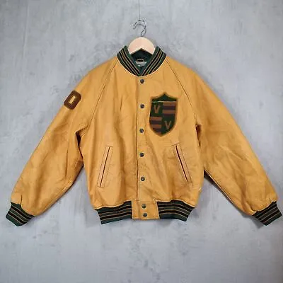 Buy Vox Leather Varsity Jacket Womens Large Yellow Embroidered USA Coat • 44.99£