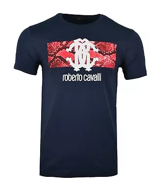 Buy Roberto Cavalli Snake Skin Print Logo Navy Red White Men's T-shirt Python Just • 59.99£