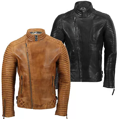 Buy Mens Real Leather Biker Jacket Retro New Moto Cafe Style In Vintage Tan, Black • 69.99£