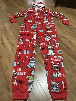 Buy GRUMPY CAT Christmas Zip One Piece Hooded Pajamas Red Size M 8-10 -SUPER SOFT- • 15.74£