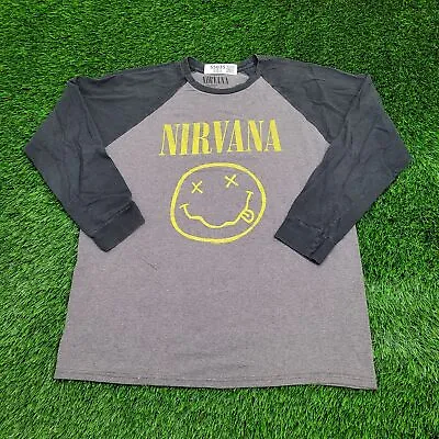 Buy Nirvana Smiley-Face Raglan Shirt Womens XL 22x26.5 Colorblock Gray Black Yellow • 3.15£