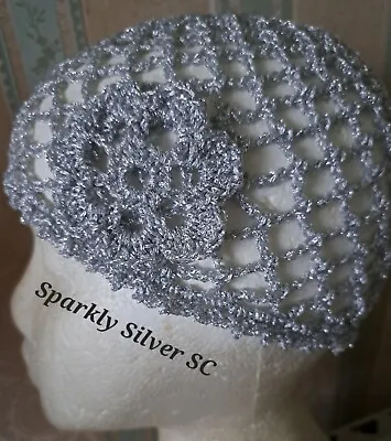 Buy SILVER LUREX SPARKLING CROCHET SKULL CAP HAT 1970s 1920s Fancy Dress Party Abb  • 9.25£