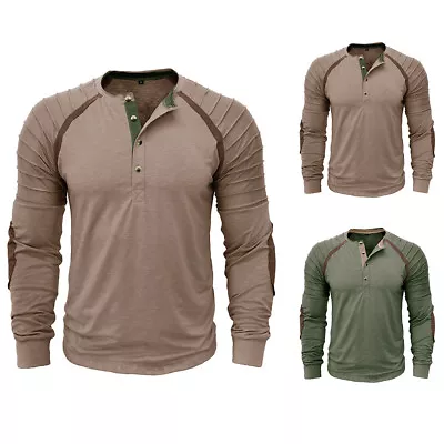 Buy Mens Vintage Henry Tops T Shirt Long Sleeve Button V Neck Casual Sports Pullover • 15.09£