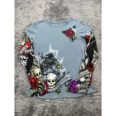 Buy Ed Hardy Shirt Girls Large 11-13 Graphic Nevermore True Love Skull Rose Crewneck • 22.05£