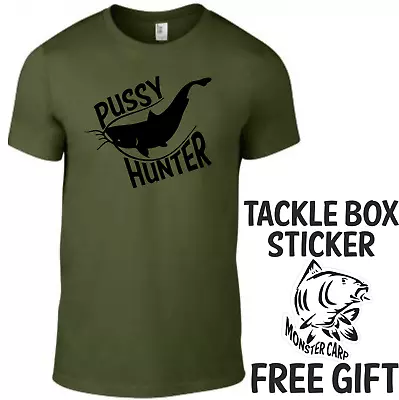 Buy Fishing T Shirt T-Shirt Pussy Hunter Cat Fishing Shirt  Free Carp Sticker • 14.95£