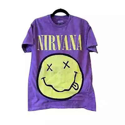 Buy NWOT Nirvana Women's FLAW Inverse Smiley Face Short Sleeve T-Shirt Purple Size M • 20.42£