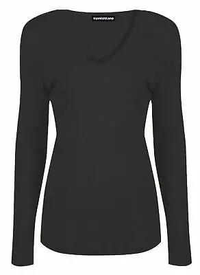 Buy Womens Plain V Neck T-Shirt Long Sleeve Stretchy Casual Jersey Basic Tee Top • 7.29£
