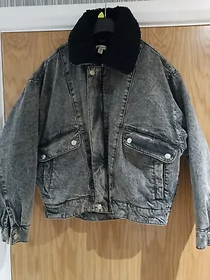 Buy Ladies Topshop Dark Grey Denim Style Bomber Jacket Size 8 • 14.50£