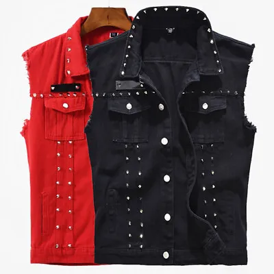 Buy Men Punk Studded Denim Gilet Sleeveless Biker Jacket Waistcoat Casual Jeans Vest • 18.99£