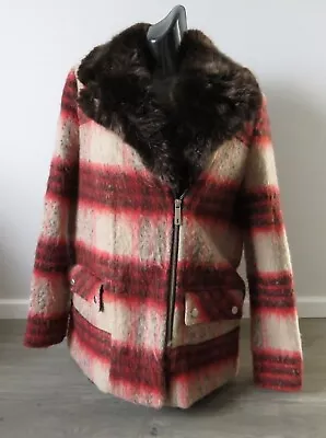 Buy Kenneth Cole New York Red Wool Lumberjack Faux Fur Collar Jacket Coat Medium M • 19.99£