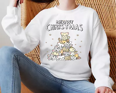 Buy Sweatshirt Jumper Meowy Christmas Catlovers Adults Childrens Xmas Day Black Grey • 13.99£