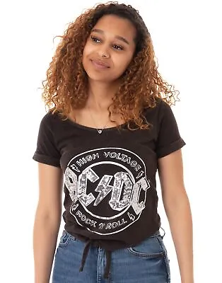 Buy AC/DC Comics High Voltage Sequin Acid Wash Women's Tie Front T-Shirt • 21.99£