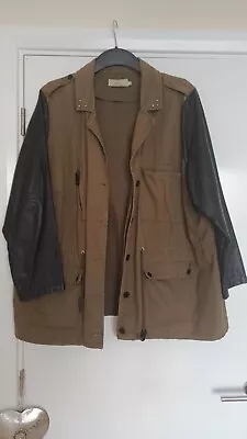 Buy Ladies Khaki Jacket Faux Leather Sleeves Size L /22 + • 7£