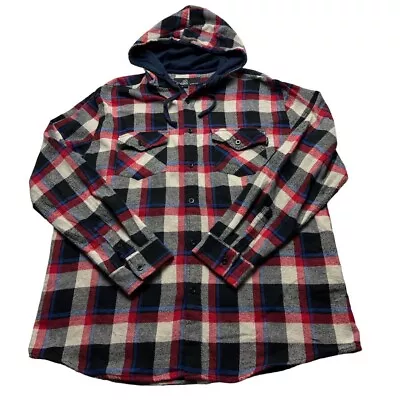 Buy Vintage Flannel Shirt Size Large Black Red Cream Check Hooded Overshirt Hoodie • 19.95£