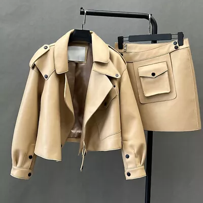 Buy Women's Leather Jacket Skirt Set Genuine Sheepskin Short Coat Fashion Streetwear • 79.07£