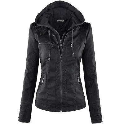 Buy Newbestyle Womens Faux Leather Moto Biker Jacket With Hood Black Large • 22.99£