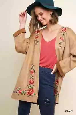 Buy Umgee Camel Brown Boho Floral Embroidered Faux Suede Cardigan Jacket Large • 24.11£