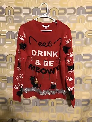 Buy No Boundaries Red Knit  Ugly  Sweater Be Meowy Embellished • 15.16£
