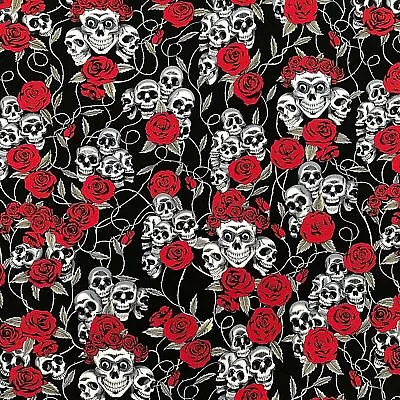 Buy 100% Cotton Poplin Fabric Skulls Roses Floral Red Gothic Tattoo Style 45'' Wide • 2.49£