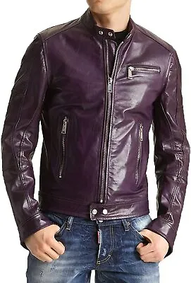 Buy New Mens Leather Jacket Slim Fit Biker Motorcycle Genuine Lambskin Jacket Purple • 127.96£