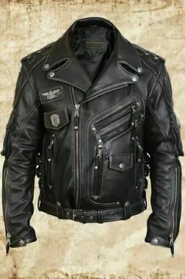 Buy Men's Genuine Cowhide Premium Leather Motorcycle Biker Top Leather Jacket Black • 112.80£